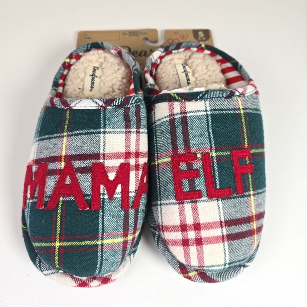 Dearfoams Womens Green Christmas Plaid Mama Elf Holiday Slippers S (5-6)